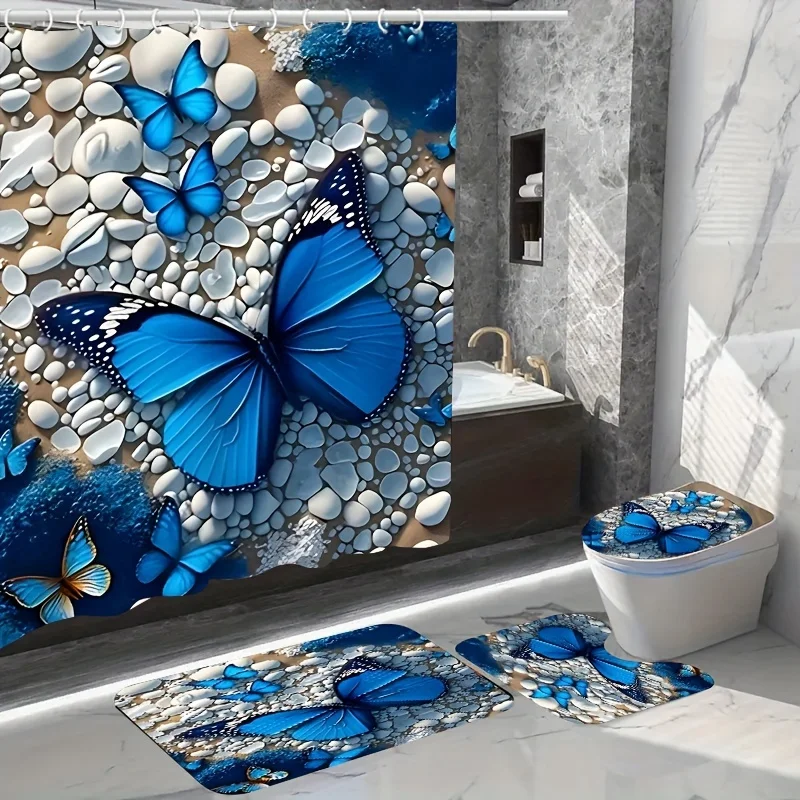 1/4pcs Blue Butterfly Stone Pattern Shower Set, Waterproof Bath Curtain With Hooks, U-shaped , Toilet Cover Mat, L-sh