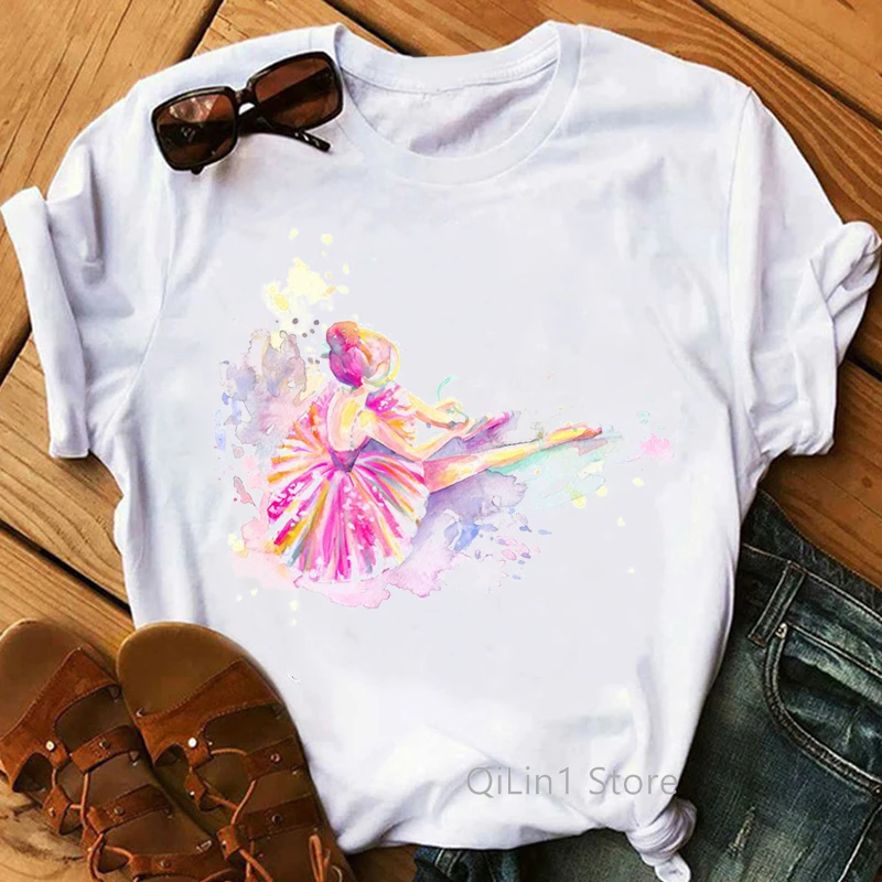 

2024 Fashion Woman Ballet Dancer Print T Shirt Watercolor Graphic Short Sleeve Clothes Female Tshirt Harajuku Cute Casual Lady