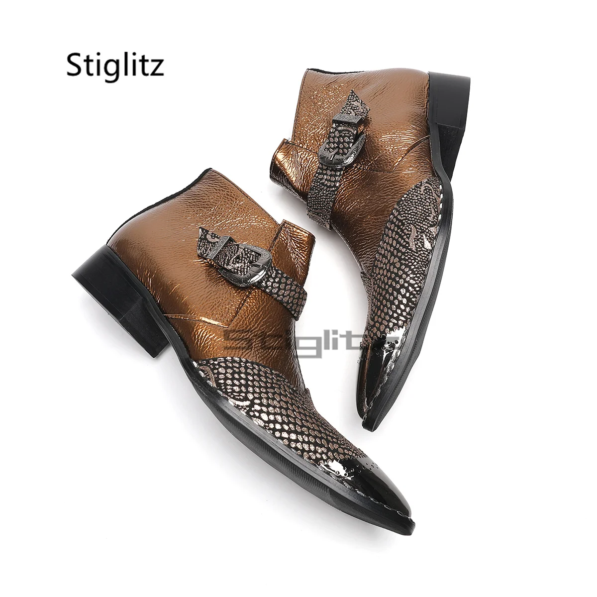 Sepatu Bot Chelsea Sambungan Pria Sepatu Bot Pendek Ujung Lancip Logam Gesper Sabuk Sepatu Gaun Perjamuan Pesta Hak Rendah Kulit Asli