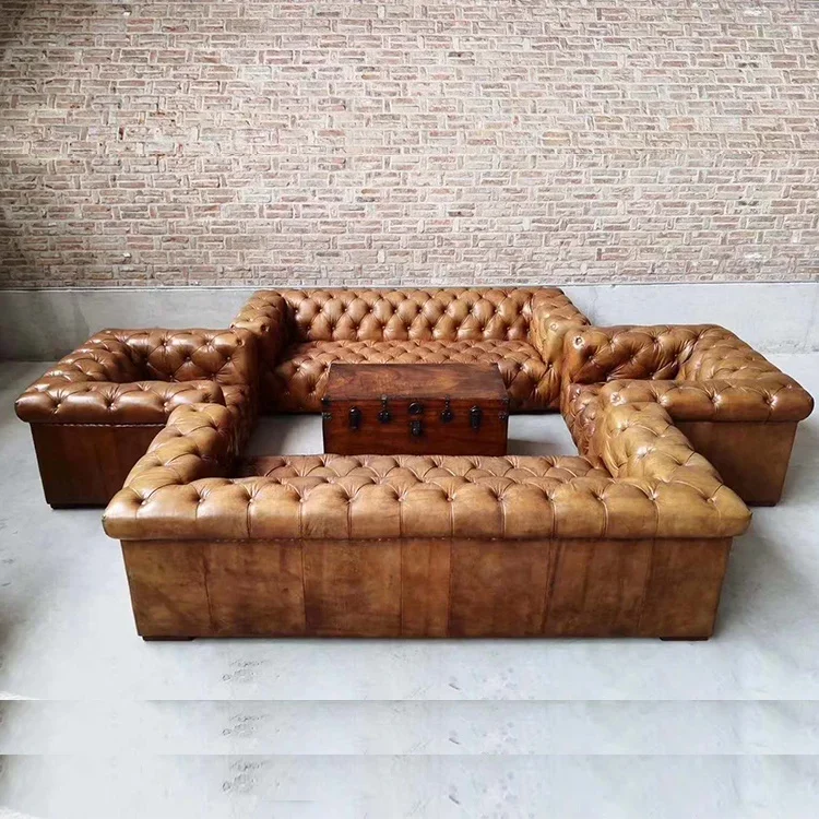 America Style Living Room Furniture Chesterfield Sofa Genuine Leather Sofa Set Full Tufted Buttons Chesterfield Work Home Sofa