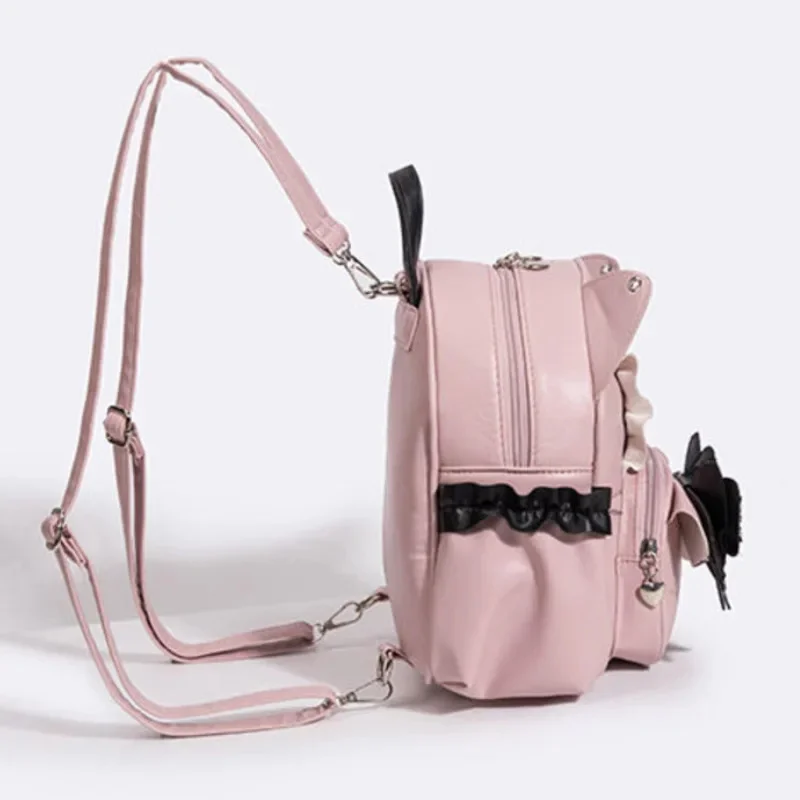 Bow Y2K Ribbon Backpack Itabag Japan PU Kawaii Mine Lace Cat Ear Backpack Zipper Student Waterproof Large Capacity Backpack New