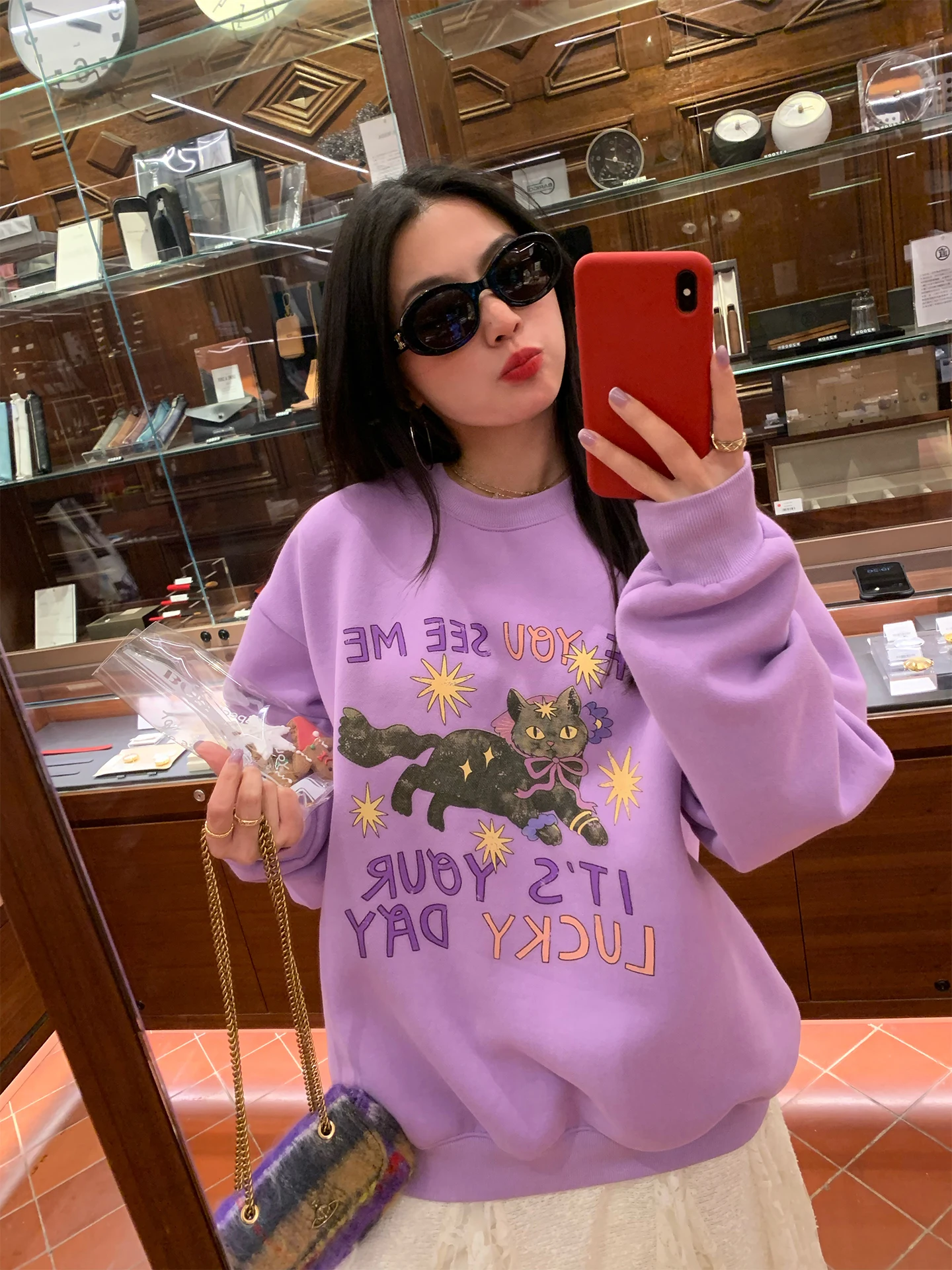 Purple Fleece Lined Hoodless Sweatshirt round Neck Thickened Printed Women's Loose Fit Long Sleeve Korean Style Commute Wear