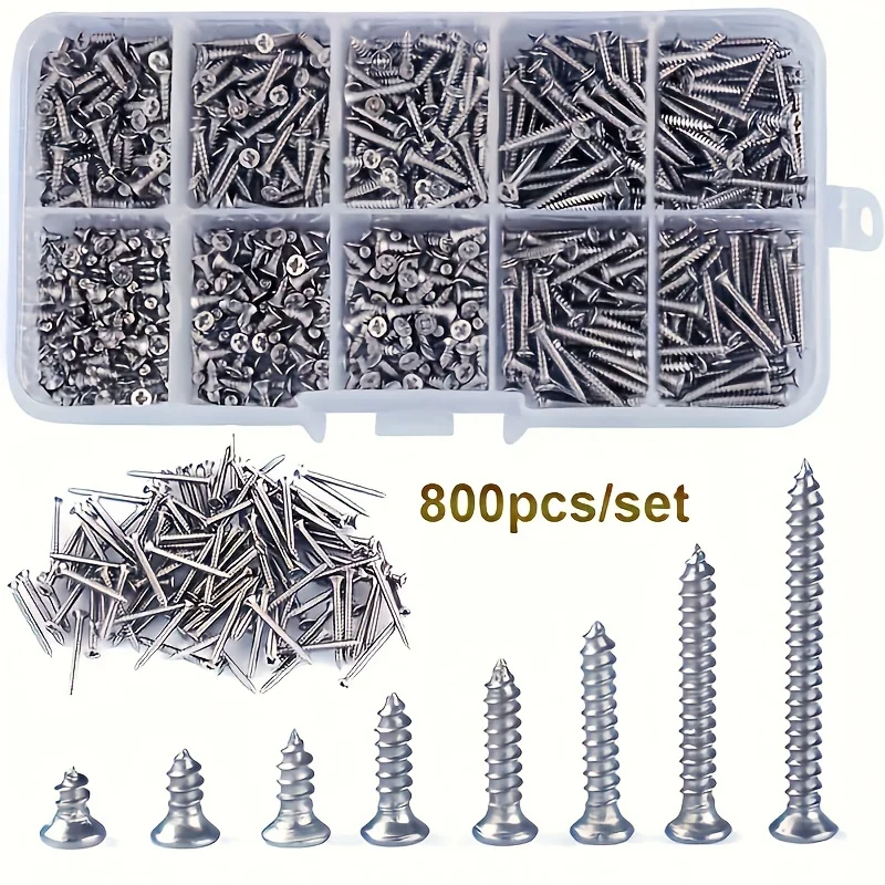 400pcs/800pcs Self Tapping Wood Screws Set M2 Phillips Flat Head Sheet Metal Screw Self Lock Nut Wood Thread Nail Screw Sets