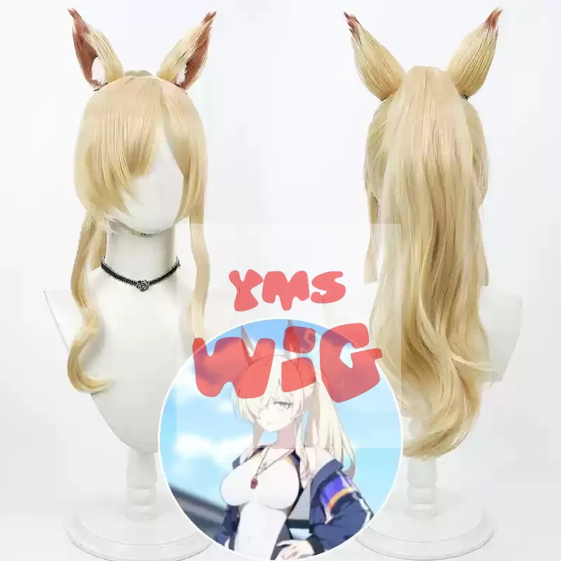 

Blue Archive Ogata Kanna Cosplay Wig with Ears 60cm Blonde Ponytail Synthetic Hair Heat Resistant Halloween Role Play Party