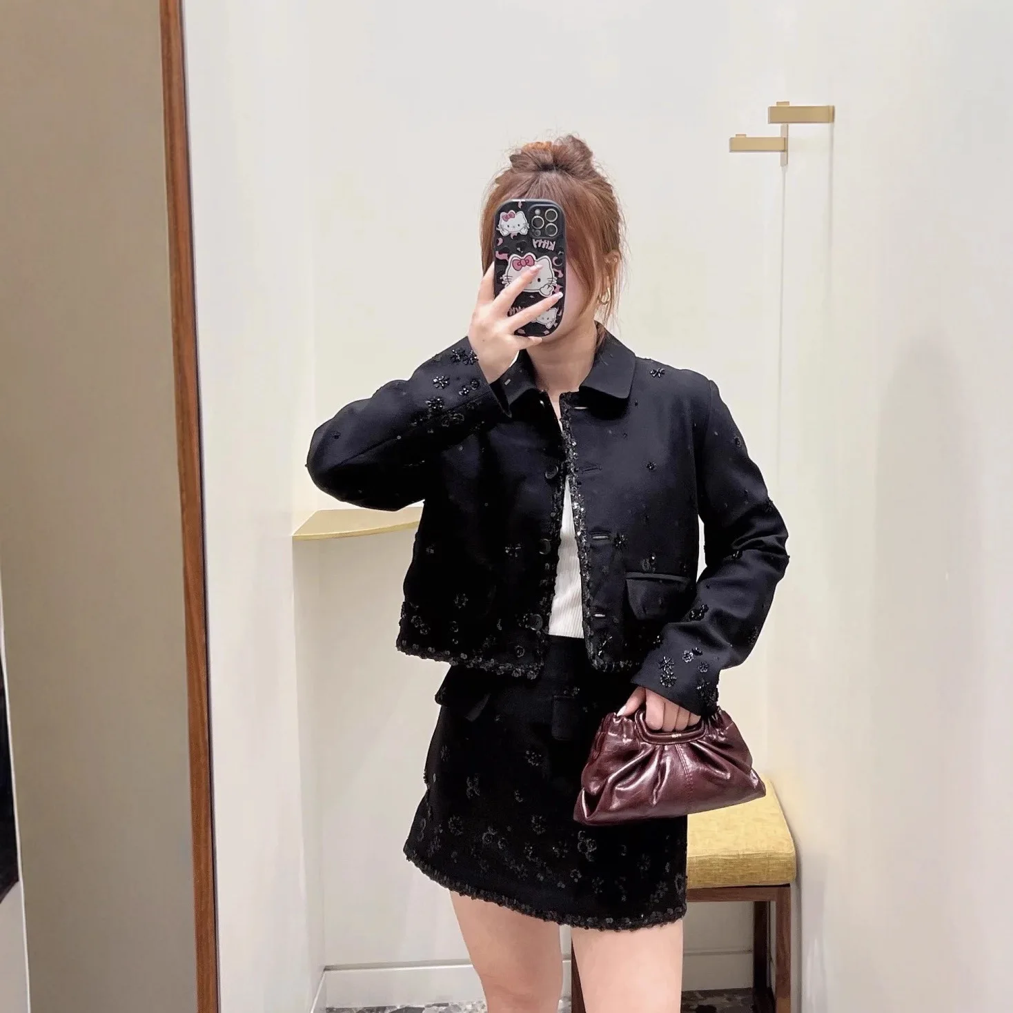 

Women Floral Sequin Embroidered Set Turn-down Collar Long Sleeve Jacket + High Waist Mini Skirt Autumn/Winter Elegant Suit