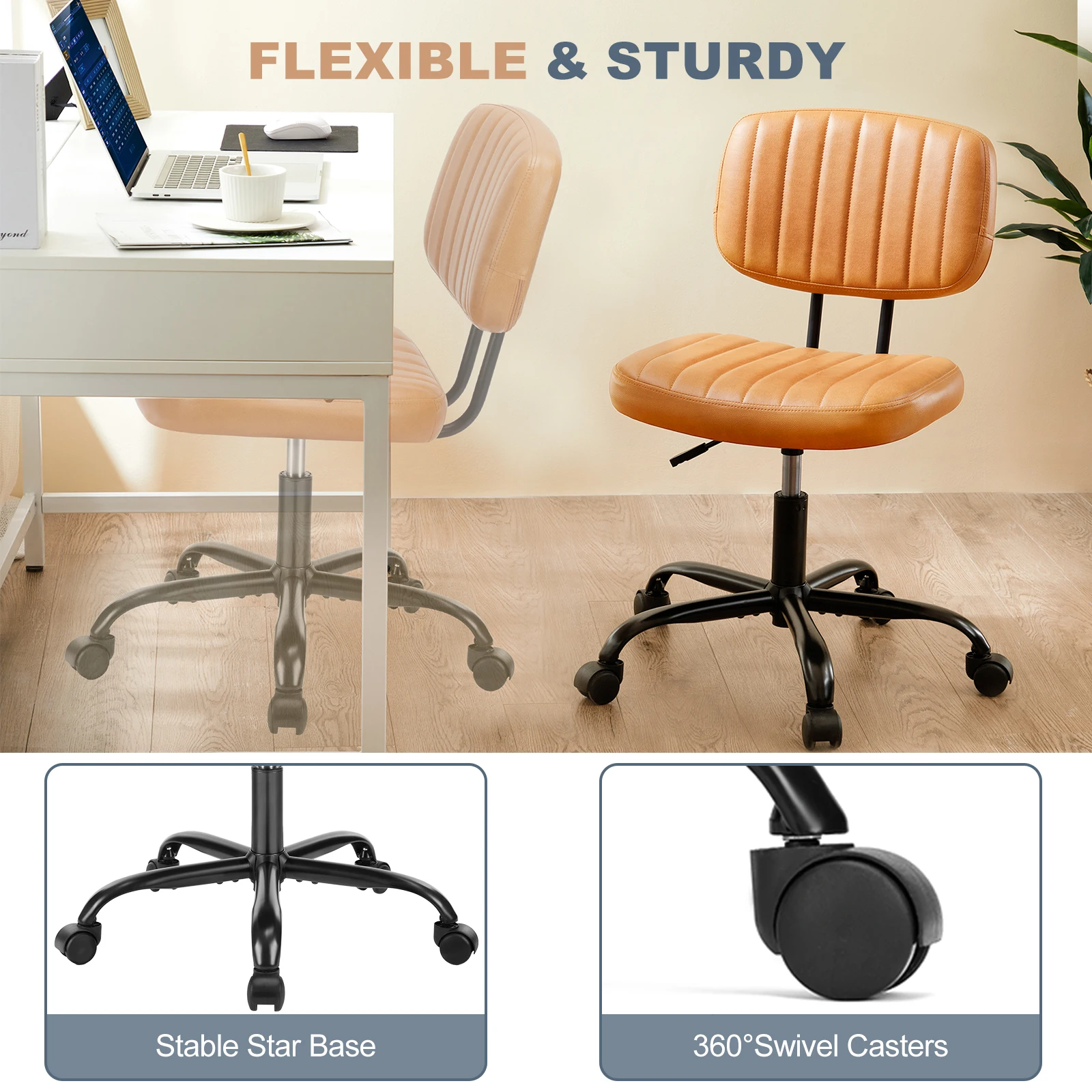 Ergonomiczne krzesło biurowe MCQ bez podłokietników, obrotowe, z regulacją wysokości, wykonane ze skóry PU, krzesło gamingowe/wieczorowe do domu i biura.