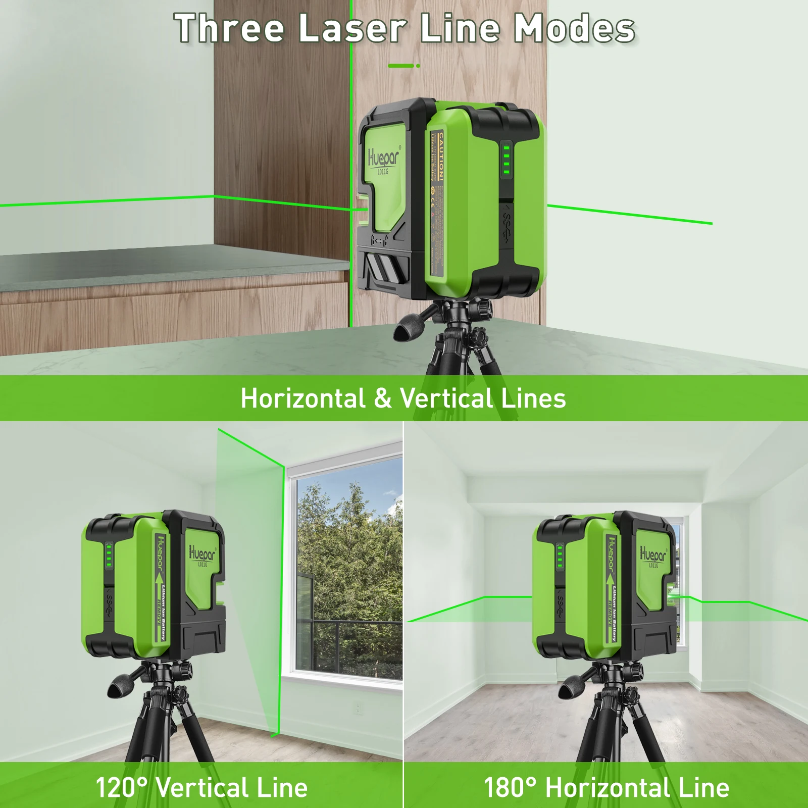 Huepar L011G 2 Lines laser Level with Lithium battery Self-leveling Cross Line Laser Level Osram Diode Green Beam Laser Tool