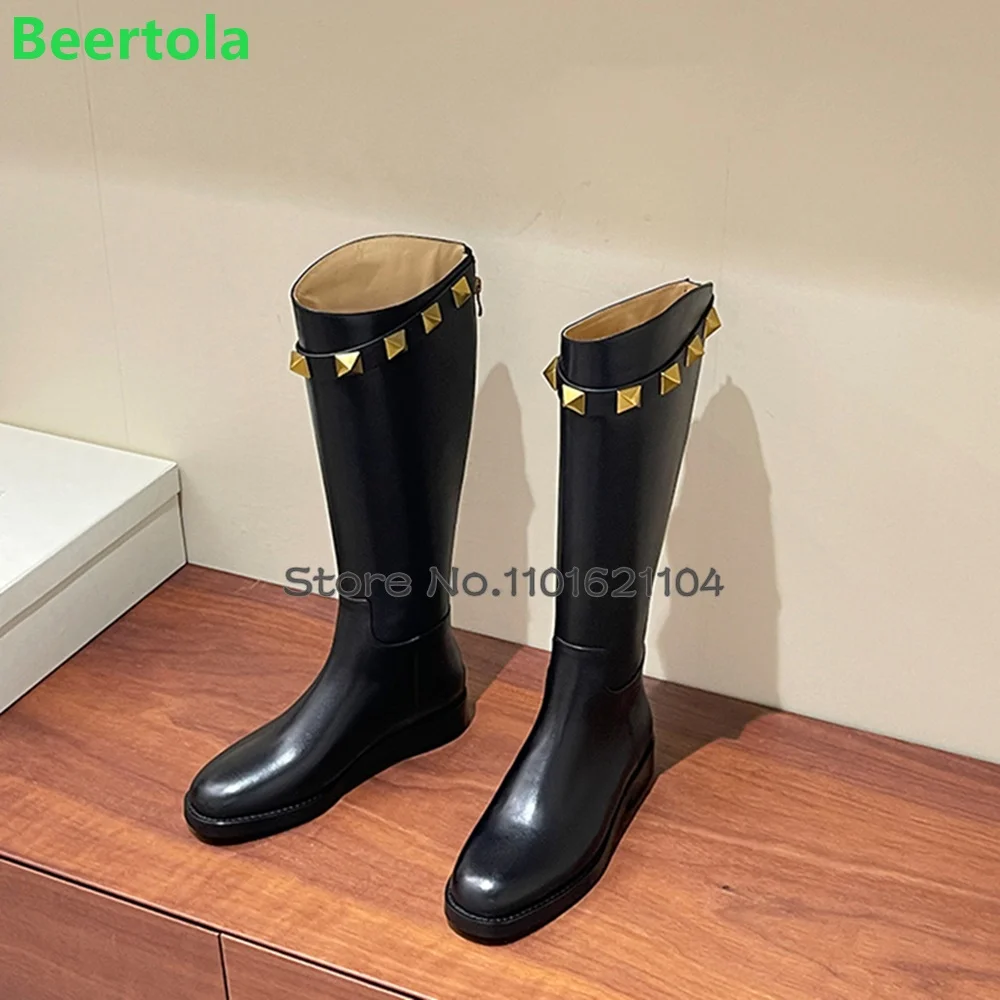 Black Rivet Long Luxury Boots For Female 2024 Leather Fabric Flat With Round Toe Back Zipper Fashion Elegant Winter Shoes