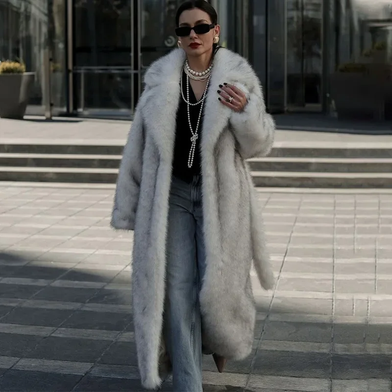 Manteau Long en Faux manches longues pour femme, vêtement d'extérieur quotidien, à la mode, décontracté, à revers, ample et chaud, nouvelle collection hiver 2025