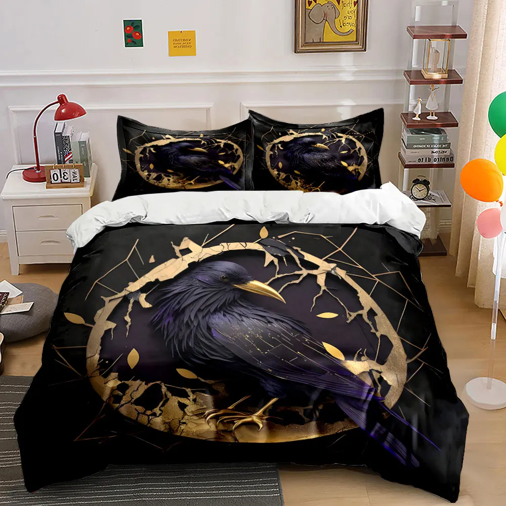 Black Raven with Gold Accents Gothic 3PCS Bedding Set Soft Microfiber Bed Sheet Pillowcase Set for Dark Aesthetic Bedroom Decor