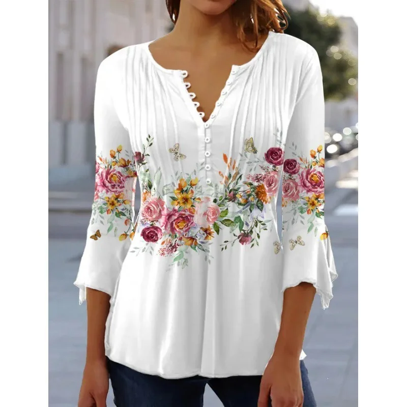 

2024 Spring Summer Fashion New Women Tops Casual Flower Printed V-Neck Short Sleeve T-shirt Loose Pleated Button Holiday Blouse