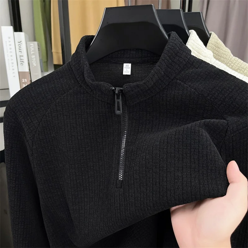 عالية الجودة نصف سستة الوقوف طوق البلوز الرجال الخريف جديد عصري الهراء تصميم الكورية فضفاضة عادية كم طويل تي شيرت #3