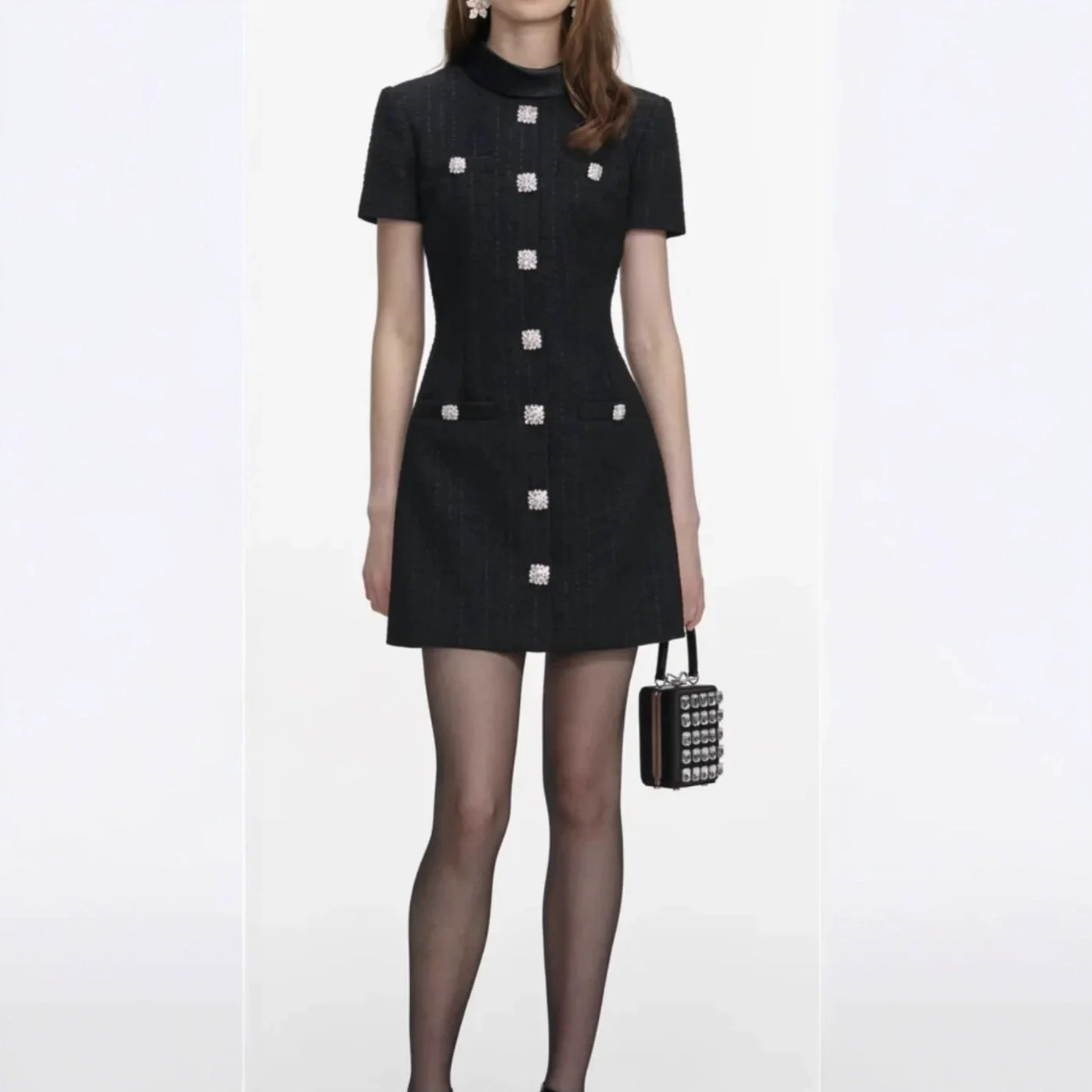 

Elegant Black Tweed Dress Stand Collar Slim Fit Diamond Buckle Short Sleeved Mini Robe for Women