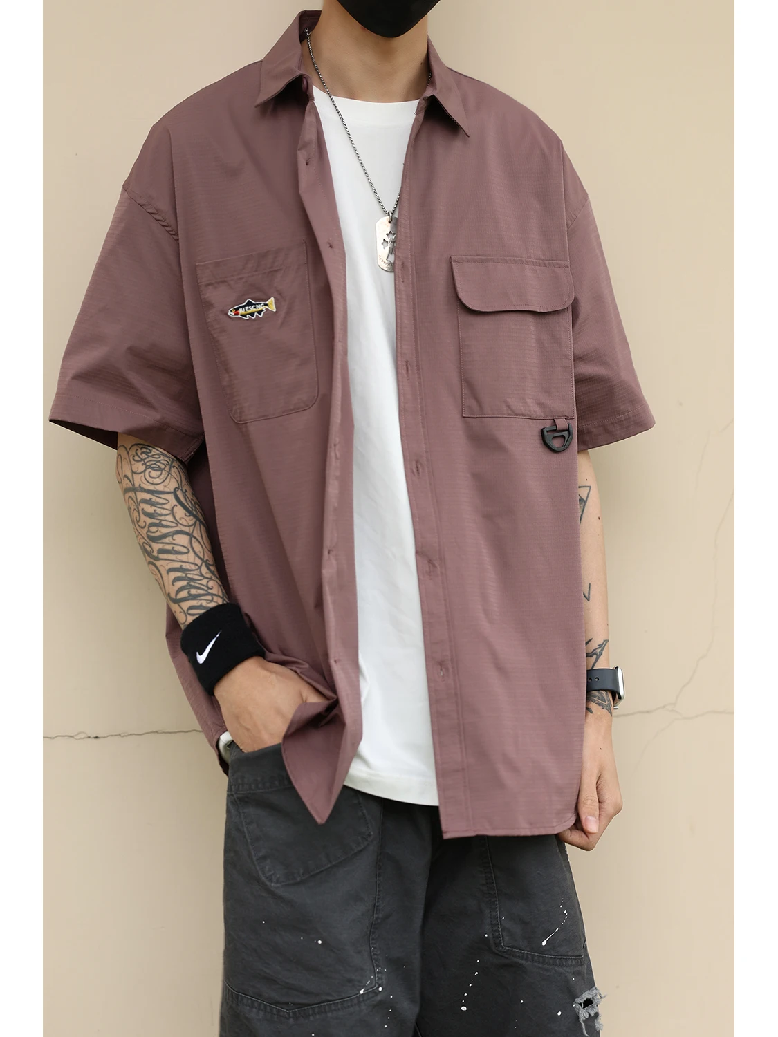 

LH Store Retro Workwear ort Sve irt Loose Casual Thin Outerwear for Couples Spring Summer Youth Polyester 00%