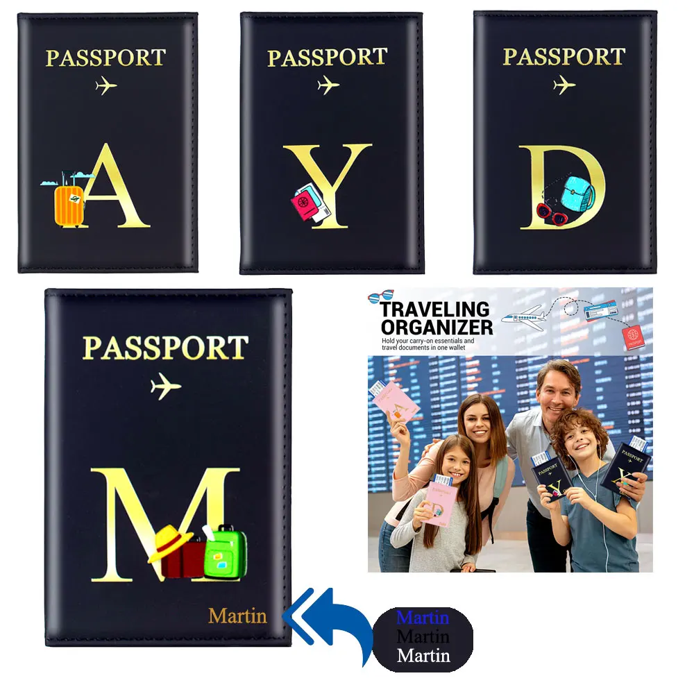 Funda de pasaporte de viaje con nombre personalizado, bolsos de billetera, funda de pasaporte de cuero PU, identificación, tarjeta de crédito,