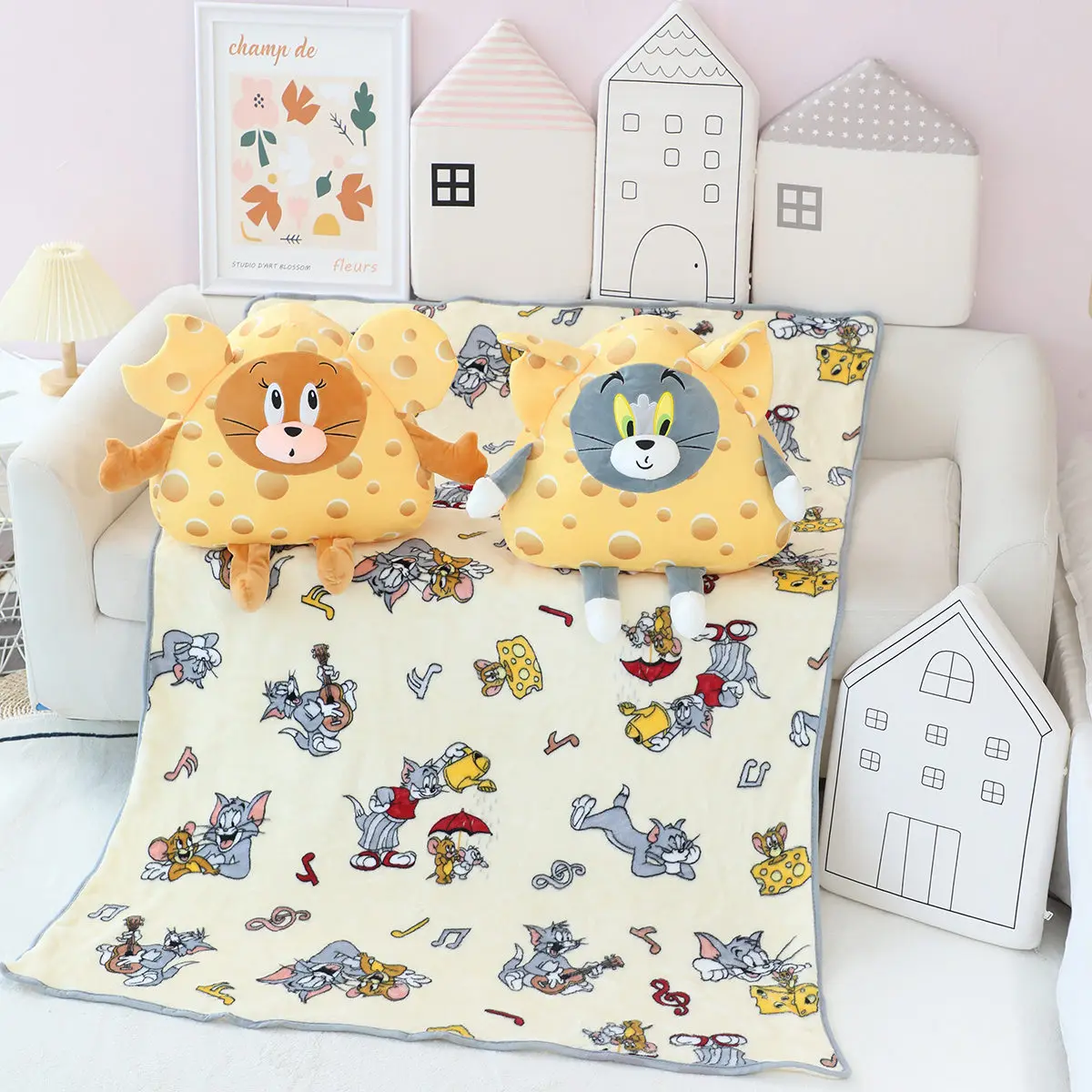 Anime Cat And Mouse Plush Toys Kawaii Cheese Tom And Jerry Pillow Blanket Summer Lunch Rest Pillow Air Conditioning Quilt Gift