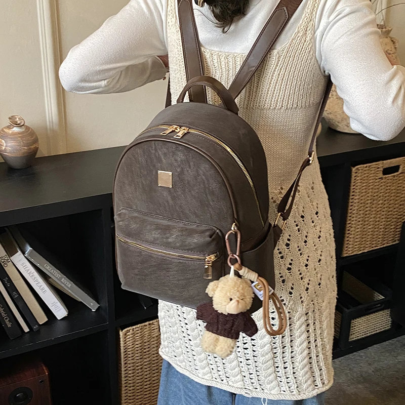 High Quality Fashion Backpacks For Women Pure Color Large Capacity Rucksack With Bear Pendant Casual Street Travelling Knapsacks