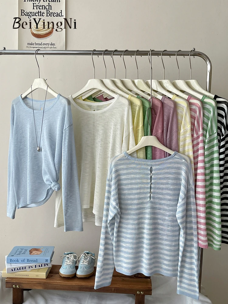 Beiyingni 2025 Summer Korean Loose Thin T-shirts Women Back Hollow Out Ice Silk Sunscreen Knitted Tops Striped Leisure T Shirts