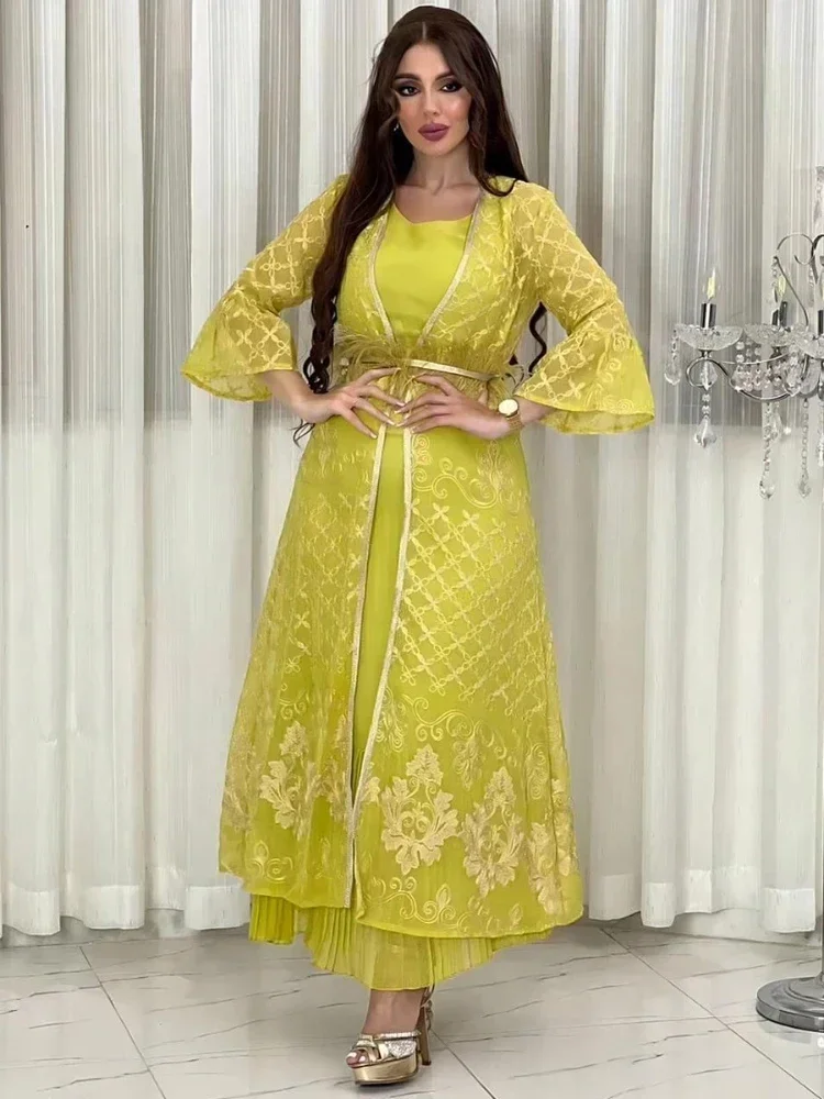 

Eid Muslim Dress For Women Abaya 2 Piece Set Feather Jalabiya Morocco Party Dresses Abayas Kaftan Abaya Vestidos Arab Long Robe