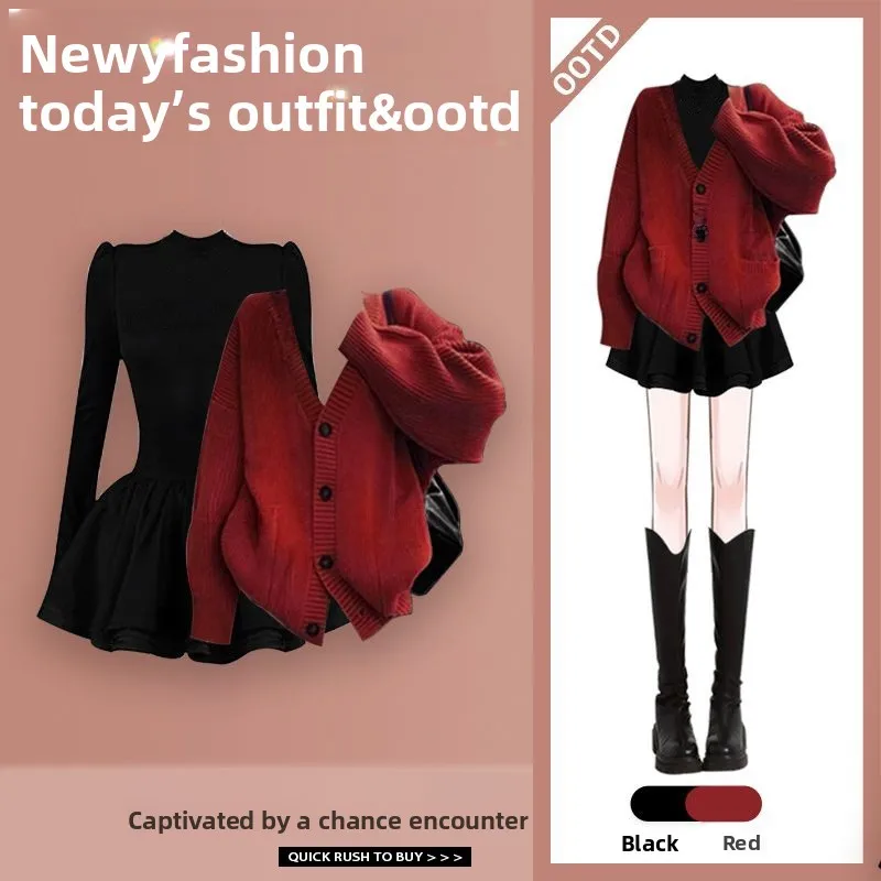 

Christmas Theme Anti-Aging Red Knitted Sweater Cardigan Women's Autumn Winter Short Dress Set Slimming Waist Design Fashionab...