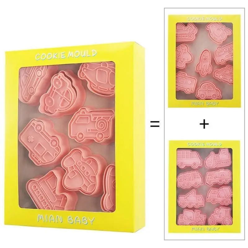 

G6KF 16Pcs/set Cartoon Car Cookie Cutters Vehicle Pressable Biscuits Mold Cookie Stamper Kitchen Baking Pastry Mold