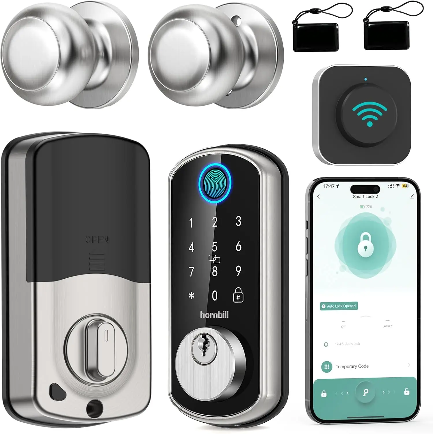 WiFi Door Lock Set Hornbill Silver Keyless Entry Door Lock Deadbolt with Handle Set Fingerprint Door Lock with 2 Knobs Bluetooth