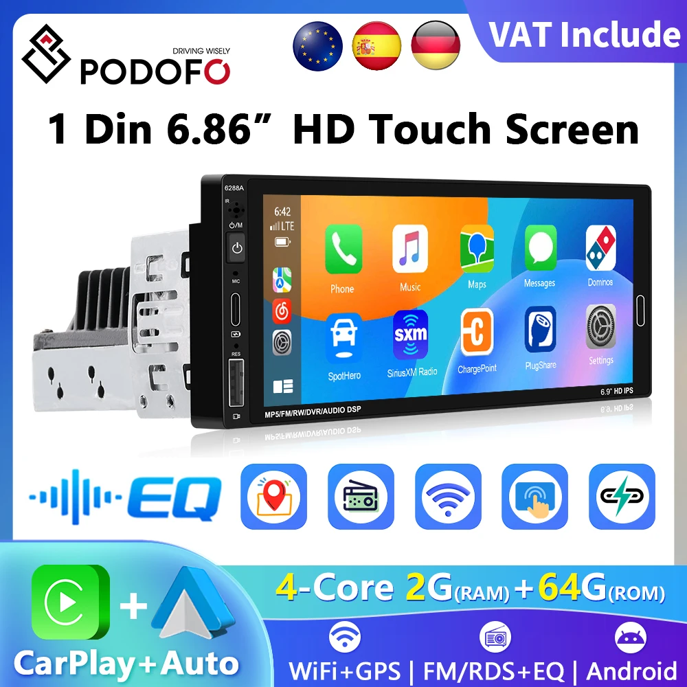 Podofo 6.86 ''1080P 1Din Auto Radio multimédia MP5 lecteur Radio sans fil Carplay Android Auto Bluetooth WIFI GPS récepteur Radio