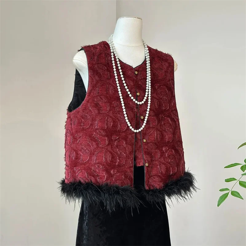 

Women's Jackets Women's Vest Ostrich Hair Autumn and Winter Chinese Style Buckle Clip Cotton Vest JokerVest High-end Red Coat