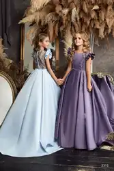 Satin Purple Fluffy Flower Girl Dress For Weddings Scoop First Communion Gowns Lovely Kids Birthday Ball Evening Dresses