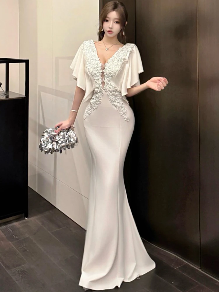 2025 branco cetim retalhos rendas oco para fora com decote em v sexy vestido longo feminino festa de luxo vestido de noite verão coreano vestidos elegantes