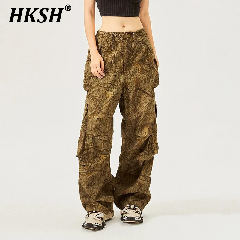 

HKSH Spring Summer New Women Punk Style Streetwear Vintage Original Chic Fashion Cargo Jeans Straight Long Wide Leg Pants HK5481