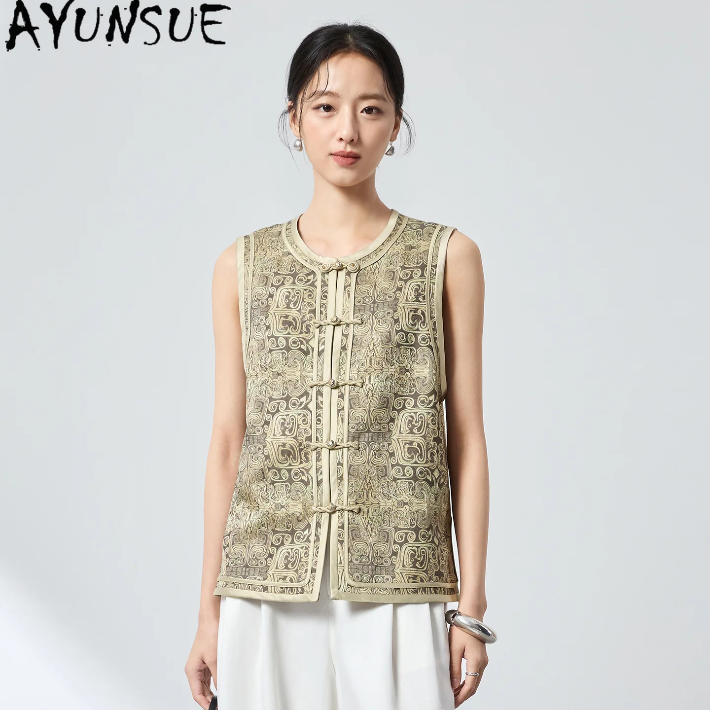 AYUNSUE Mulberry Silk Wool Blended Chinese Style Vest for Women Jacquard Womens Tops Autumn Vintage Vest Women 2026Chaleco Mujer