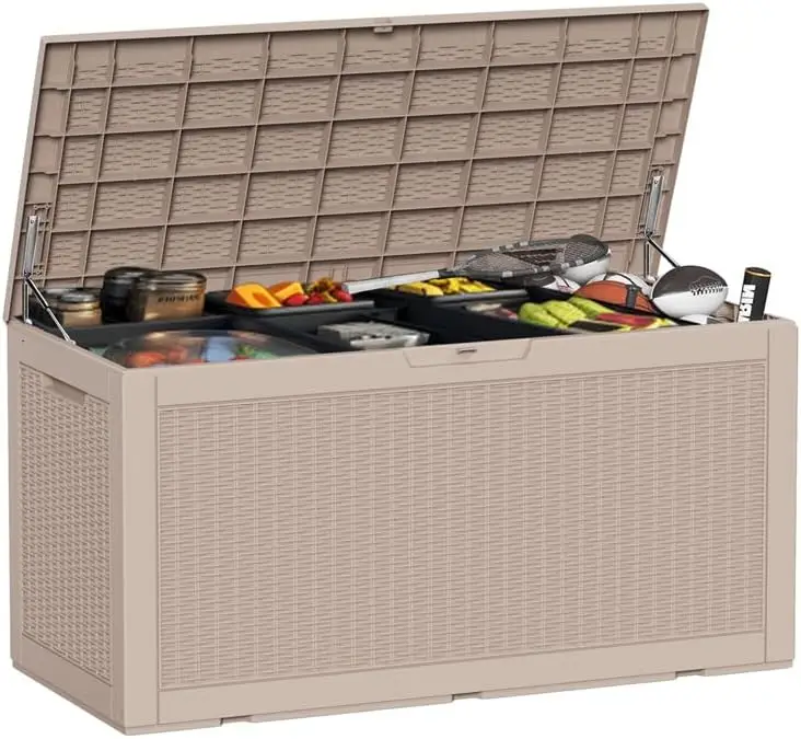 

100 Gallon Outdoor Storage Box - Resin Deck Box for Waterproof Patio Furniture and Storage Bench - Lockable and UV-resistant
