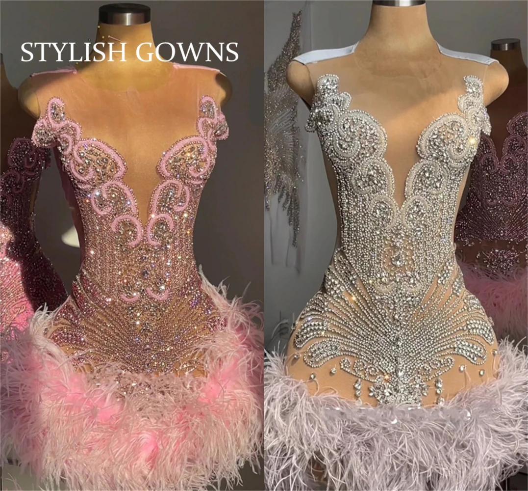 Pink O Neck Short Prom Dresses For Black Girls Silver Beaded Crystal Feathers Birthday Dress Mini Cocktail Gowns Homecoming