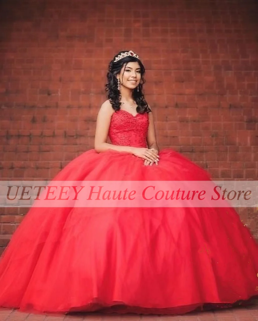 Gaun Pesta Merah Gaun Quinceanera Gaun Sweetheart Payet Renda Tanpa Lengan Panjang-mencapai Lantai Vestidos De XV Años