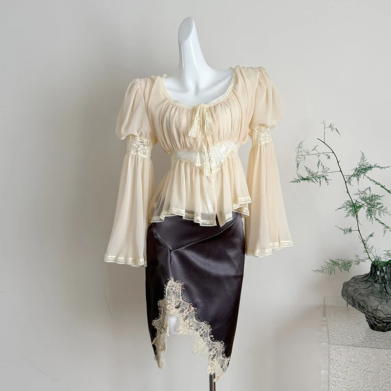 Women Two-piece Skirts Suits Office Ladies Korean Fashion Flare Sleeve Lace Chiffon Blouse & Irregular PU Leather Skirts Sets