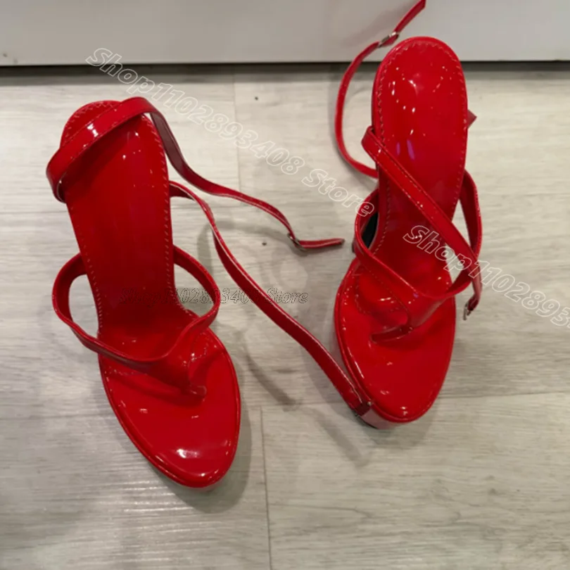 Red Patent Leather Split Toe Sandals Solid Thin High Heels Platform Women Summer Casual Dress Flip Flops Zapatos Para Mujere