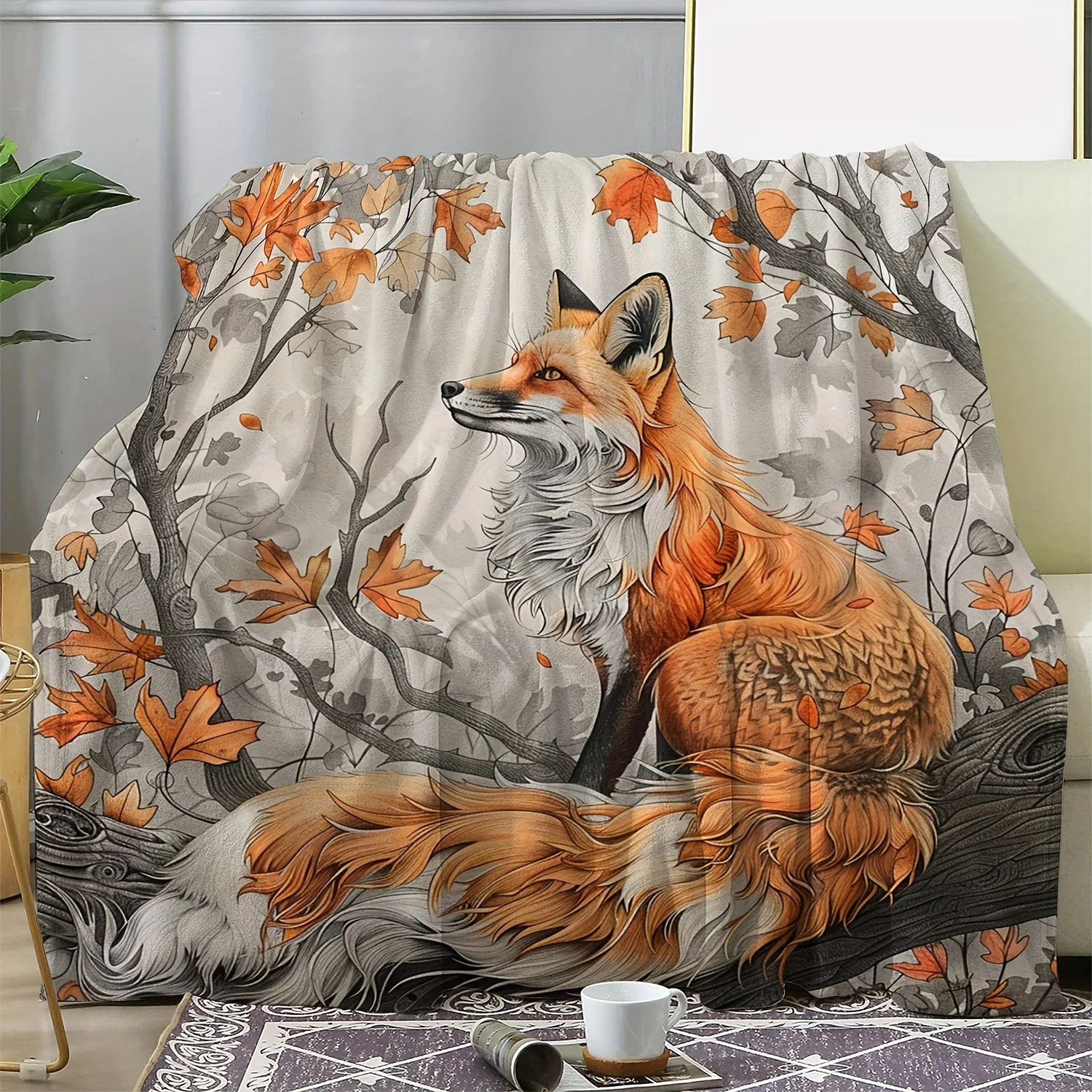Vintage Flannel Fleece Throw Blanket with Fox and Maple Leaves Print Comfort, Soft Cozy Warm Decorative Blanket for Sofa, Bed