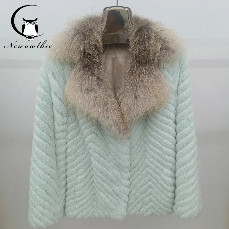 

Women's Fashion 100% Natural Rex Rabbit Fur Jacket Fox fur collar highest quality solid color winter warmth fluffy casual coat