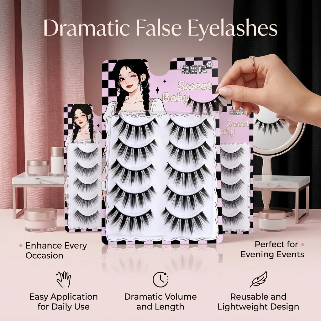 Hard Stem False Eyelashes Demon Style Cluster Lashes 5 Pairs Black Synthetic Fiber 11-13mm C Curl for Cosplay Stage Makeup