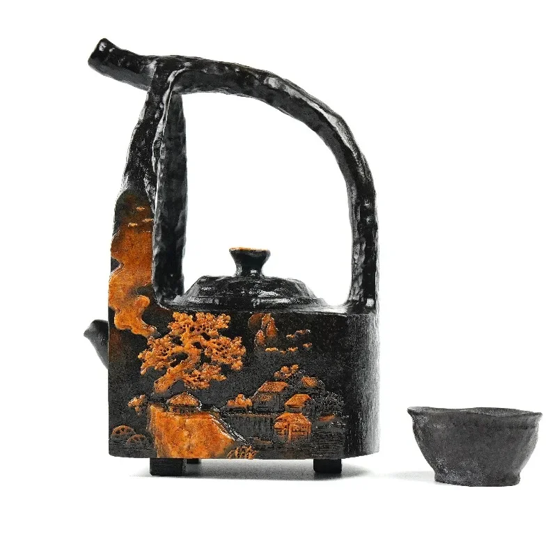 Natural moraine rock teapot tea set high-end pure handmade gift tea set