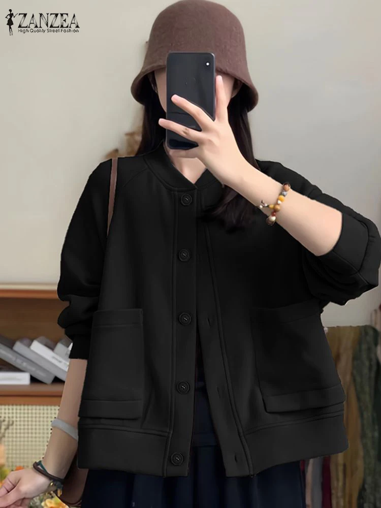 ZANZEA Women Fashion Baseball Jackets Loose Casual Button Up Patch Pockets Solid Color Coats FW 2025 Warm Woman Outerwear S-3XL