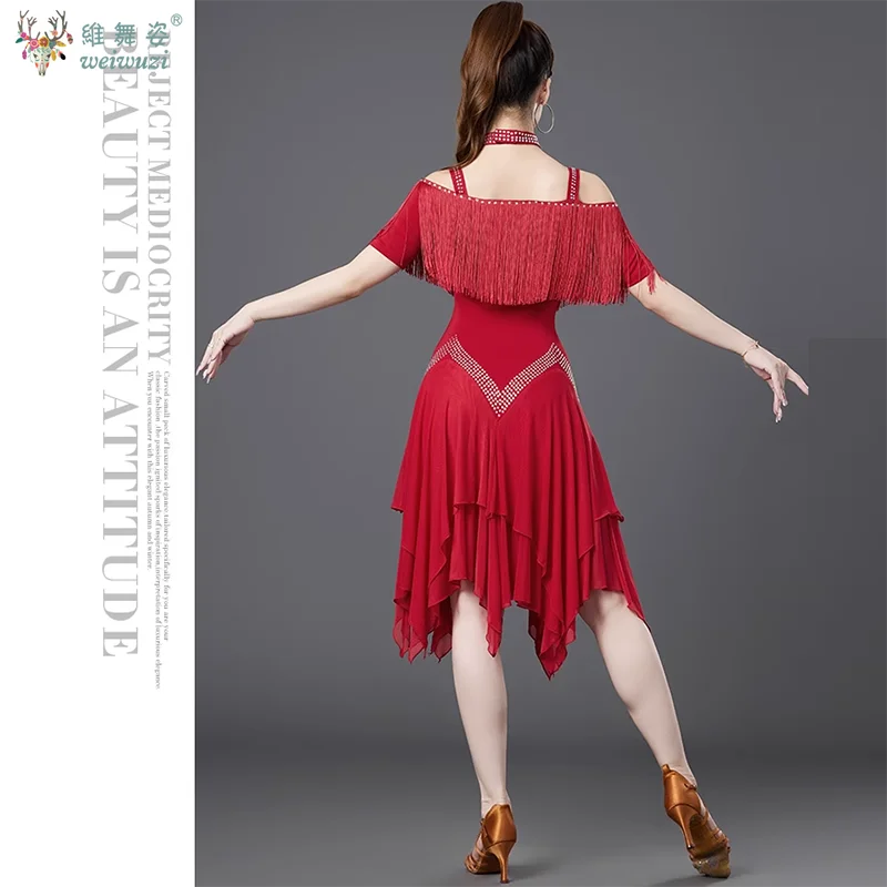 라틴 댄스 공연 드레스 오프 숄더 불규칙한 태슬 드레스 성인 전문 차차 삼바 룸바 대회 의상