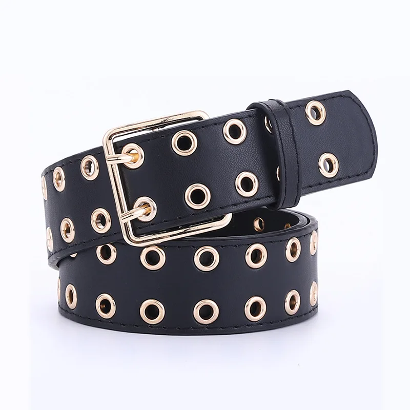 womens luxury fashion soft leather belts Double exhaust eyes pin buckle belt punk rock chain strapon ladies decorative waistband