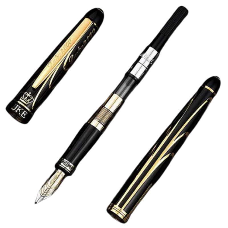 Duke Noble Pioneer 14K Gold Fountain Pen Advanced Chromed Golden And Black Lines Fine Nib & Bent Nib Gift Box Collection Pen