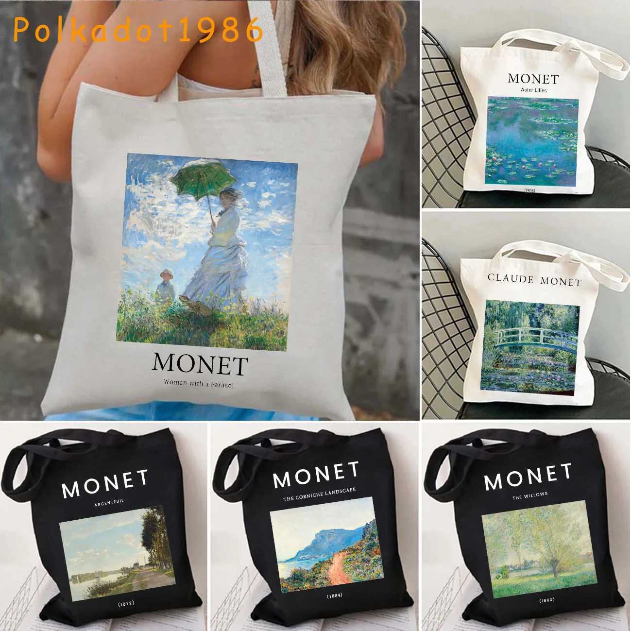 

Cute Claude Monet Water Lilies Women Shoulder Tote Bags Paintings Harajuku Shopping Canvas Reusable Cotton Shopper Lady Handbags
