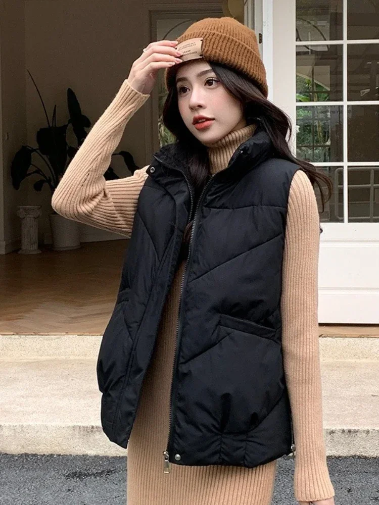 Autumn Winter Women Elegant Short Vest Vintage Female Clothing Women's Down Cotton Vests Women Loose Jacket Stand Collar Coat