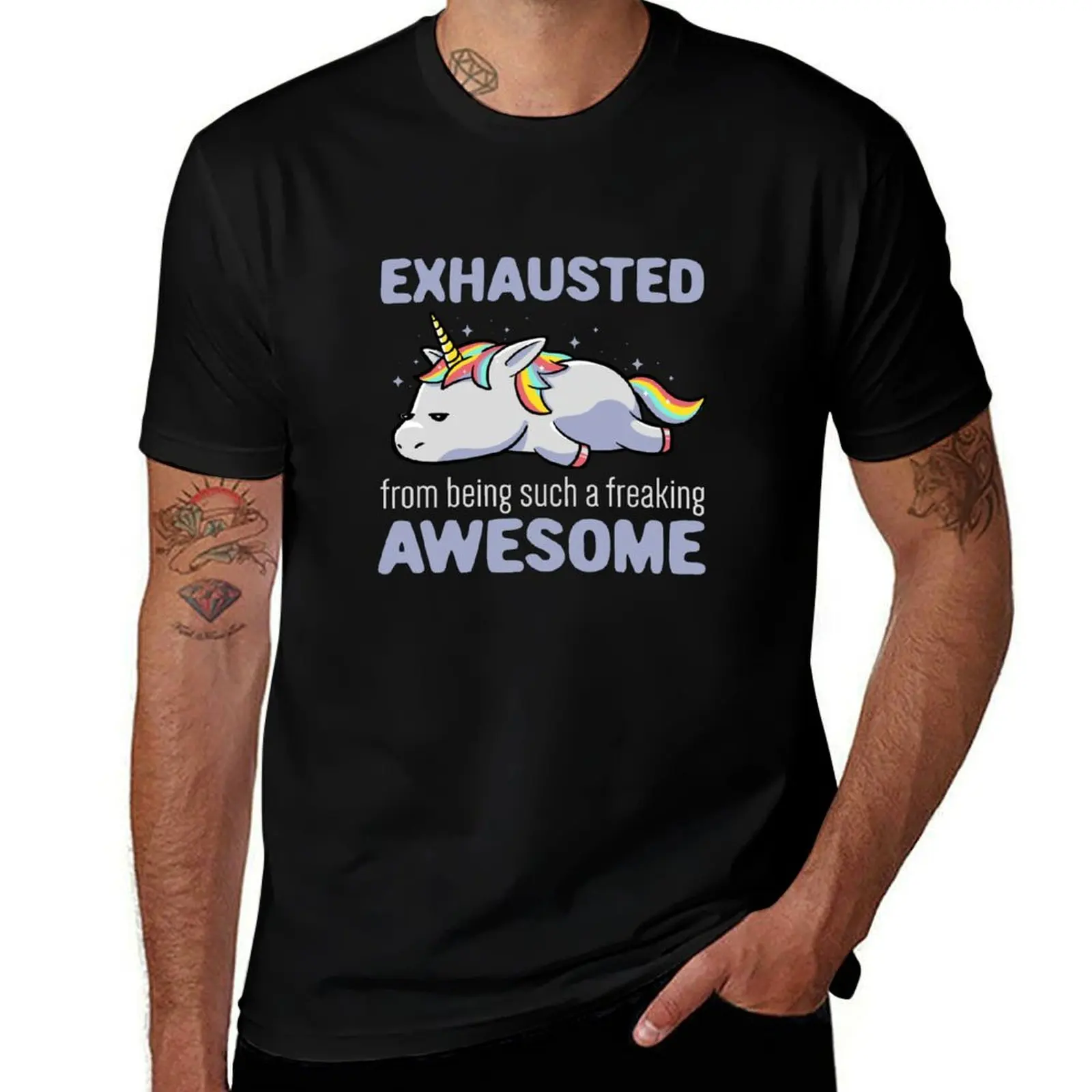 Exhausted From Being Awesome Lazy Unicorn Gift T-Shirt anime figures graphic shirts mens white t shirts