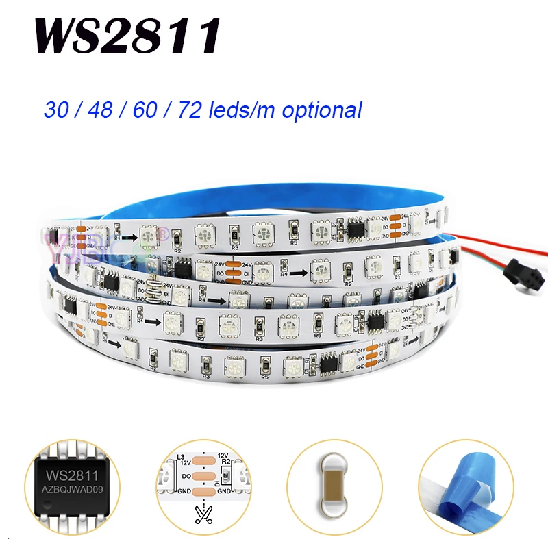 

12V 24V 5m WS2811 LED Strip IC pixel addressable Light bar 30/48/60/72leds/m 5050 RGB full color flexible Lamp Tape IP30/65/67