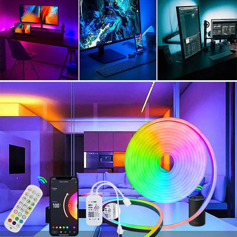 WiFi Neon RGB Strip DC5V RGB Neon LED Strip SMD3535 Work 1m 2m 3m 4m 5m Z aplikacją Tuya/Smart Life/dla TV Home Neon Decor Lighting